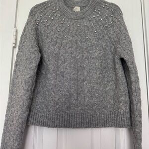 Gray Cable Knit Sweater with Rhinestone Accents